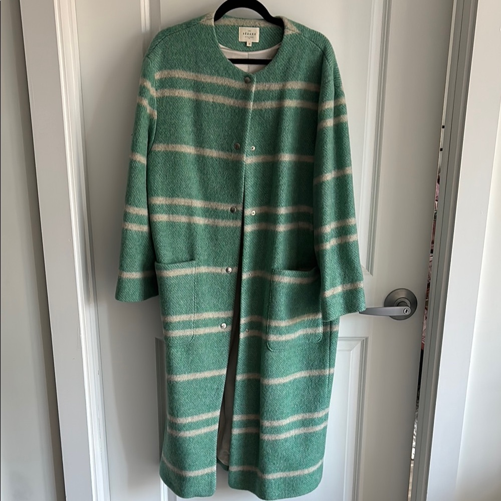 Sezane Jerome Green and Cream Striped Coat